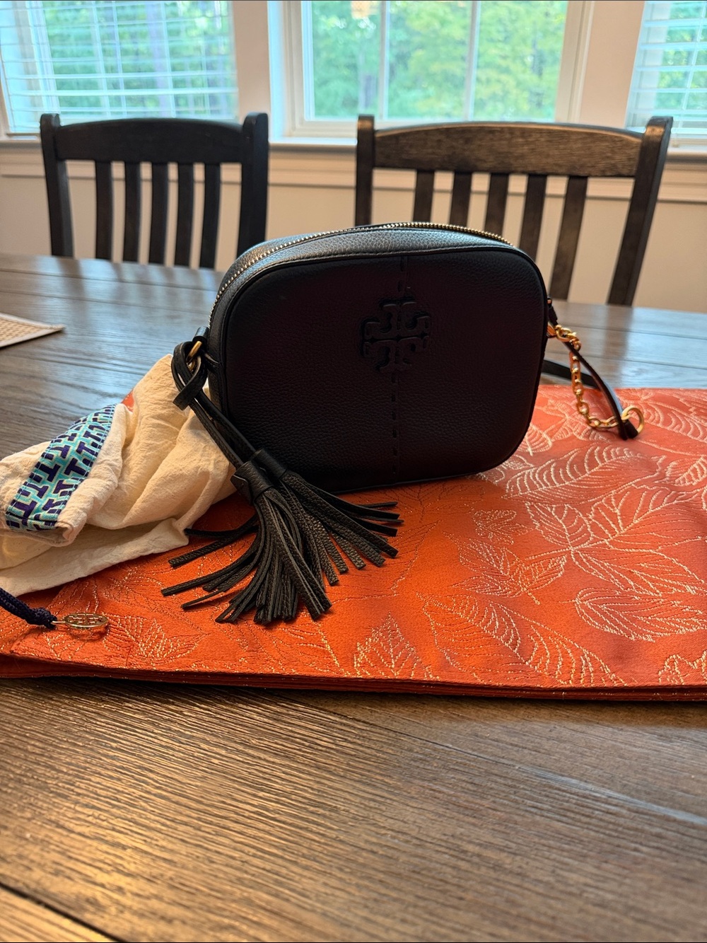 Tory Burch Black Pebbled Leather Camera Bag with Tassel and Gold Hardware